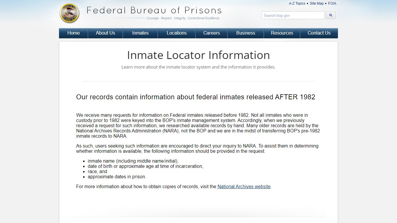 BOP: About Federal Inmate Records